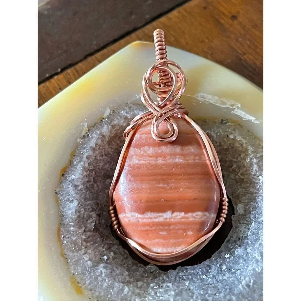 Natural Sandstone layered stone crystal wire wrap wrapped pendant copper handmad